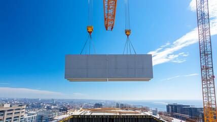 Large industrial crane lifting precast concrete panel at construction site under clear blue sky