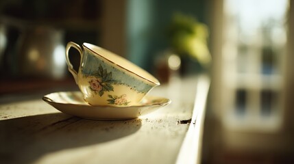 garroted. A tilted teacup on a table edge, tea nearly spilling in the morning light. bar promotions, beverage menus, designed for product packaging and bar promotions, enhances appetite appeal.