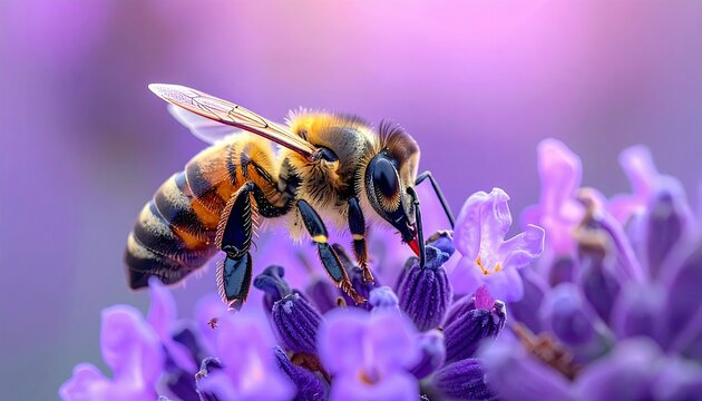 A detailed macro shot of a bee with striped abdomen and translucent wings gathering nectar from a vibrant purple lavender blossom. - Powered by Adobe