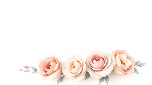 Soft watercolor roses in pastel peach and pink tones placed at the bottom of a light background, perfect for elegant invitations or decorative designs.