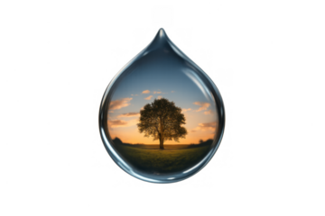 Water drop reflecting tree at sunset, illustrating environmental protection, nature preservation, and ecological hope on transparent background