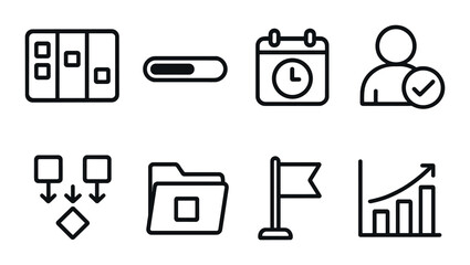 Minimalistic project management icons on black background