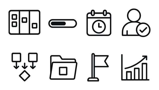 Minimalistic project management icons on black background
