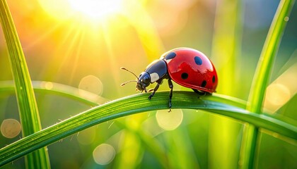 A detailed macro shot captures a bright red ladybug with black spots walking on a green blade of grass, with the sun shining brightly in the background.
