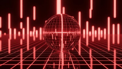 Red wireframe globe with digital grid and data bars