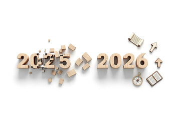 Wooden blocks transitioning from 2025 to 2026 on a clean white background. Concepts of a new year beginning, goal setting, planning, transition, business new year planning and finance
