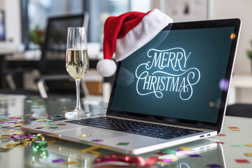 An office laptop with the words "Merry Christmas" written on it.