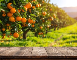 Rustic wooden table against a vibrant orange grove backdrop in sunny setting