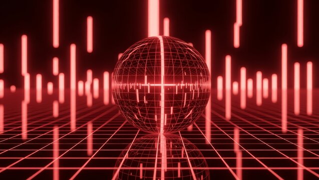 Red wireframe globe with digital grid and data bars