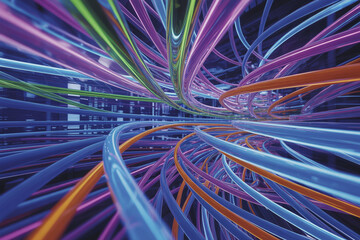 A multitude of multi-colored lines resembling communication wires.