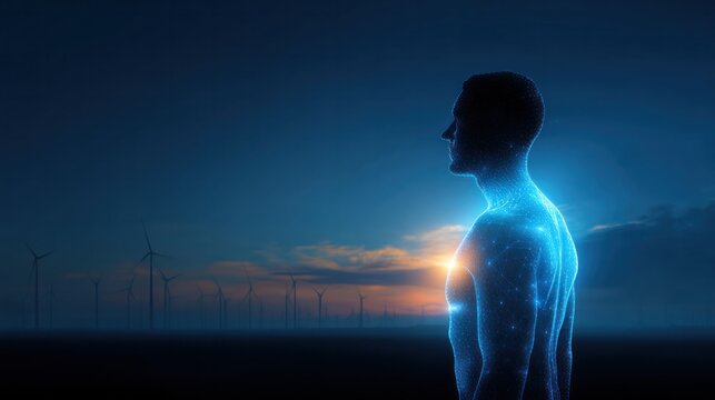 Human energy interaction with nature at sunset digital art futuristic environment side view concept of bioenergy