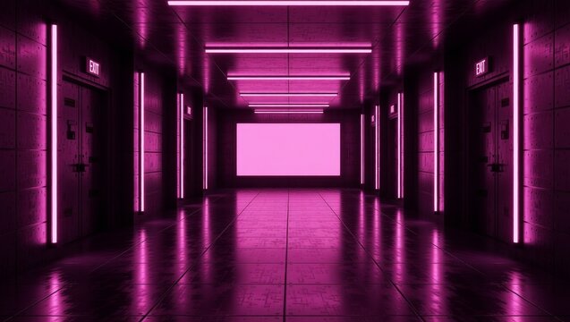 Neonlit industrial corridor with exit signs