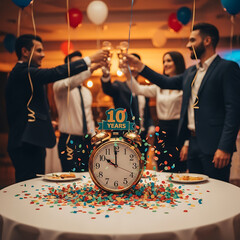 Celebration of work anniversary with festive clock surrounded by colorful confetti at event location, Workplace Celebration / Corporate Event