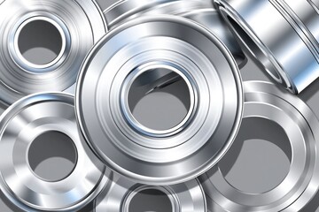 silver circular rings and flat metal cylinder in industrial composition for manufacturing and printing material concept