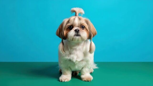A charming shih tzu puppy with a stylish topknot sits attentively on a green surface. This adorable pet looks directly at the camera against a vibrant blue background