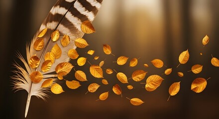 A close-up of a feather with delicate golden leaves scattered around it, set against a warm, blurred background creating a serene and artistic atmosphere