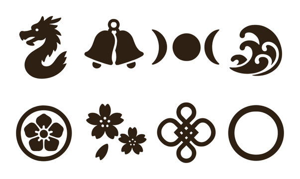 Mystical symbols on wood background: dragon, bells, moon phases, waves, floral patterns