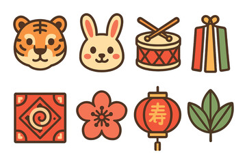 Fototapeta premium Festive icons: tiger, rabbit, drum, lantern, and floral symbols in warm tones
