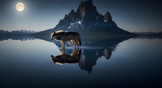 A serene nighttime landscape featuring a wolf standing on a calm lake with a mountain range and full moon in the background, reflecting perfectly on the water's surface