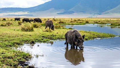 Warthog drinking water in Ngorongoro Crater, Tanzania, with other animals.