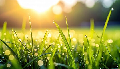 Macro shot of vibrant green grass blades covered in glistening dew drops, illuminated by the golden rays of the rising sun.