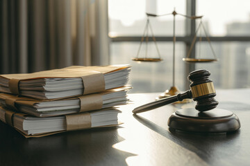 A judge's gavel, scales and a stack of papers.