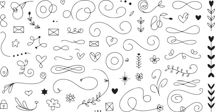 Hearts, swirls, floral accents, and envelope icon set against a transparent backdrop