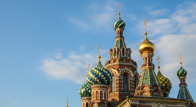 Ornate onion domes with colorful patterns. Church of the savior on spilled blood architecture. Religious building with unique design on blue sky. - Powered by Adobe