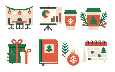 Festive holiday office elements with christmas decorations and gifts