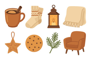 Cozy autumn set with mug, socks, lantern, blanket, star, cookie, pine branch, and chair