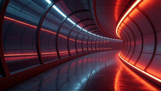 Futuristic tunnel with neon lighting and reflective floor - Powered by Adobe