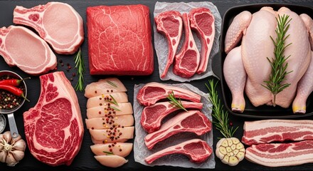 Comprehensive selection of raw meat cuts and poultry arranged on a dark stone background
