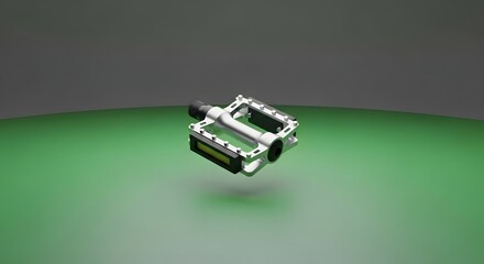 A close-up of a metallic bicycle pedal with a black platform, isolated on a gradient green background for a modern and minimalistic design aesthetic