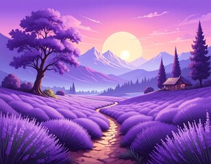 Serene lavender field at sunrise with mountains and a charming countryside home