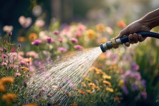 Person using a hose to water the garden, with colorful flowers and greenery in the background. Gardener Hand holding the spray head of the watering gun over the backyard green plants. Summer sunny day
