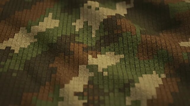 A detailed close-up view of a digital camouflage fabric texture, with pixelated patterns in green and brown, evoking military service and Veterans Day themes
