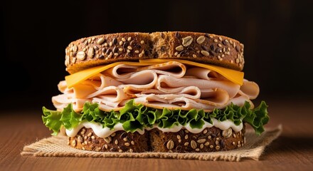 High-stack deli meat sandwich with cheddar cheese and fresh lettuce on multigrain bread.