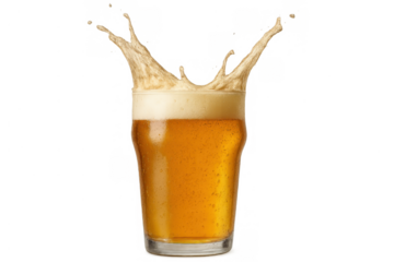 Beer pint glass creating a dynamic splash with overflowing foam, showcasing liquid movement on a transparent background
