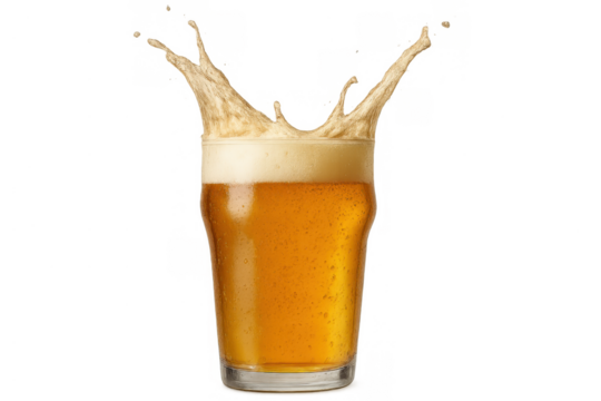 Beer pint glass creating a dynamic splash with overflowing foam, showcasing liquid movement on a transparent background