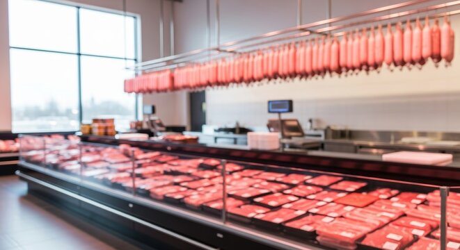 Blurred view of supermarket butcher section with packaged meat and hanging sausage display. - Powered by Adobe