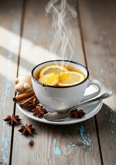 A warm cup of tea with ginger, lemon, and honey placed on a rustic wooden table, offering comfort and natural wellness