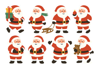 Cheerful santa claus illustrations with gifts and toys