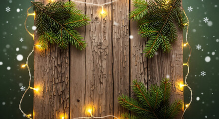 wooden table with a dark green background and golden lights, Christmas tree branches for product display or presentation blurred snowflakes falling in the air, Christmas / Holiday Background