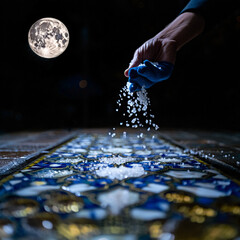 Mystical Moonlit Ritual Scattering Granules on Intricate Blue and Gold Patterned Surface