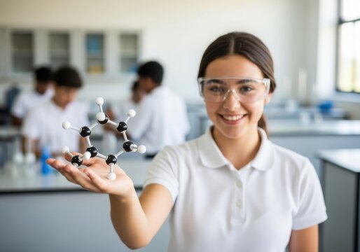 A smiling young female student in a science lab holds a molecular model, representing education, chemistry, and scientific discovery