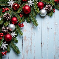 Christmas Fir Branches Decoration On Wooden Background
