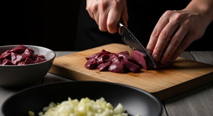 Chef slicing fresh raw liver pieces on a wooden cutting board for cooking preparation.