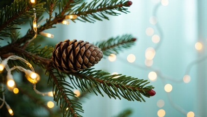 Christmas pine cone evergreen branch holiday bokeh