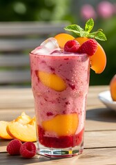 A refreshing peach and raspberry smoothie served as a vibrant summer drink, blending fruity flavors into a bright, energizing beverage