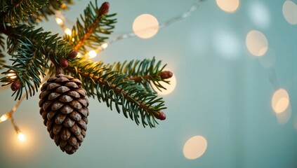 Christmas pine branch with festive lights bokeh